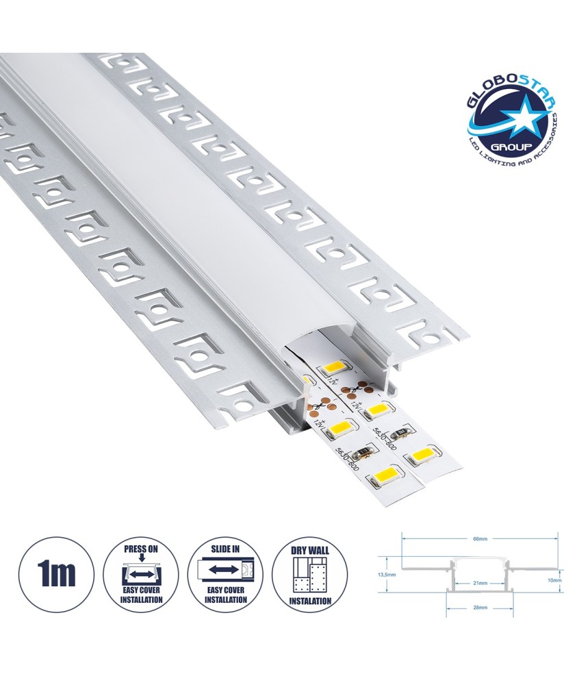 GLOBOSTAR® ALP-PLASTERIN GYPSO 70819-1M Χωνευτό Προφίλ Αλουμινίου Ειδικό για Γυψοσανίδα με Λευκό Γαλακτερό Πατητό Κάλυμμα για Ταινίες LED IP20 - Ασημί & Λευκό - Μ100 x Π6.7 x Υ1.3cm